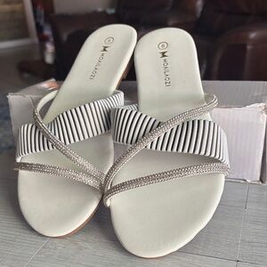 White Striped Slide Sandals with Rhinestone Straps size 8 NIB